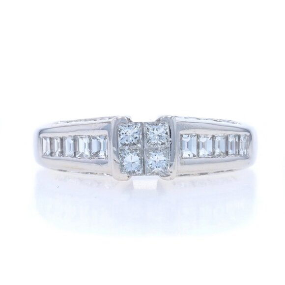 White Gold Diamond Cluster Engagement Ring - 14k Princess Baguette Rnd 1.00ctw